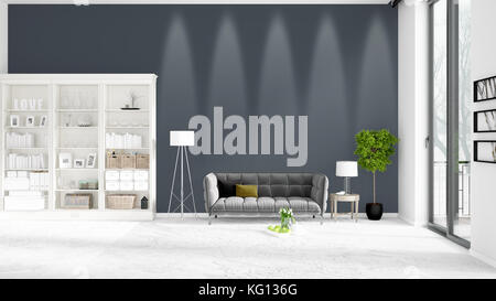 Szene mit neuen Interieur in der Mode mit weißen Rack und modernes, graues Sofa. 3D-Rendering. horizontale Anordnung. Stockfoto