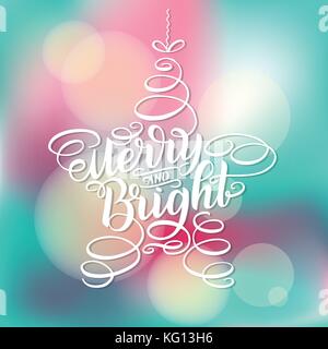 Frohes neues Jahr und helle Schrift in Form von Stern Baum Spielzeug, Greeting Card design Kreis text Rahmen isoliert auf Weiss. Vector Illustration. Weihnachtsbaum Spielzeug, Zeichen malen Stock Vektor