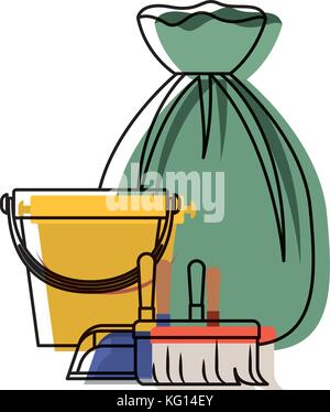 Schaufel und Handfeger und Besen und Müllsack in farbenfrohen Aquarell Silhouette Stock Vektor