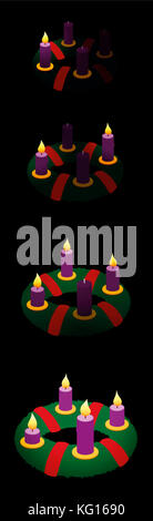 Adventskranz mit ein, zwei, drei, vier, brennende Kerzen in chronologischer Reihenfolge auf der ersten, zweiten, dritten und vierten Adventssonntag. Stockfoto