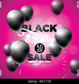 Schwarzer Freitag verkauf Vector Illustration mit glänzenden Ballons auf violett unterlegt. Stock Vektor