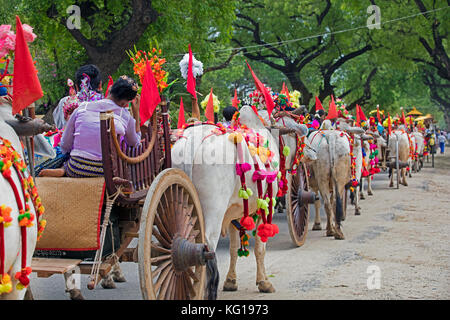 Die traditionelle Parade für burmesische Kinder zu einem Novizen in der Stadt Bagan / Pagan, Mandalay, Myanmar/Birma Stockfoto