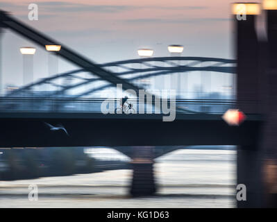 Frankfurt am Main, Deutschland. November 2017. Ein Radfahrer unterwegs auf der Ignatz Bubis Brücke in den frühen Morgenstunden in Frankfurt am Main, 02. November 2017. Frank Rumpenhorst/dpa/Alamy Live News Stockfoto