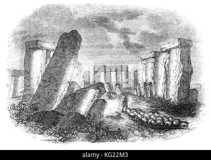 Hirten und Schafe in Stonehenge, einer prähistorischen Jungsteinzeit und Bronzezeit Denkmal in Wiltshire, England, bestehend aus einem Ring der stehenden Steine und ab 3000 v. Chr. bis 2000 v. Chr. errichtet. Sie werden im Volksmund glaubte, eine starke connevction mit dem Kult der Druiden zu haben. Stockfoto