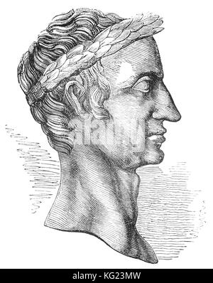 Der Kopf des Gaius Julius Caesar (100 v. Chr. bis 44 v. Chr.), in der Regel als Julius Caesar, römischer Politiker und General, der den Kanal in 55 v. Chr. Überquerte Großbritannien auf ein Kupfer Münze zu erobern. Stockfoto