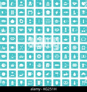 100 Frühstück Icons Set grunge Blau Stock Vektor