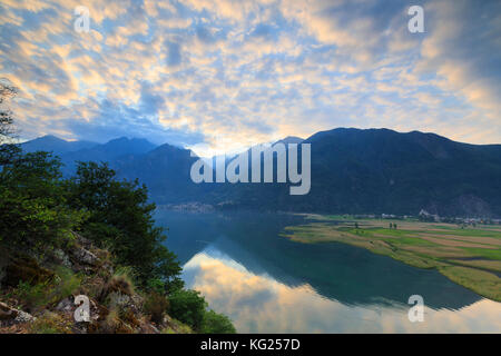 Sonnenaufgang auf der natürlichen Reserve von Pian di Spagna, dascio, Provinz von Como, Chiavenna Tals, untere Veltlin, Lombardei, Italien, Europa Stockfoto