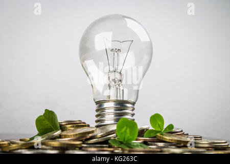 Glühlampe auf verstreut russische Münzen auf grauem Hintergrund mit Blättern von Clover. Viel Glück, St Patrick's Day Stockfoto