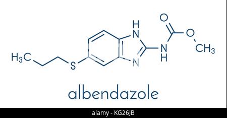 Albendazole anthelminthikum Droge Molekül. Bei der Behandlung von parasitären Wurmerkrankungen verwendet. Skelettmuskulatur Formel. Stock Vektor