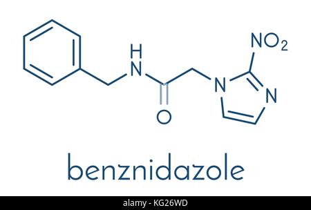 Benznidazole Medikament zur Parasitenbekämpfung, das Molekül, das in der Behandlung der Chagas-Krankheit eingesetzt (dem Namen Trypanosoma cruzi). Skelettmuskulatur Formel. Stock Vektor