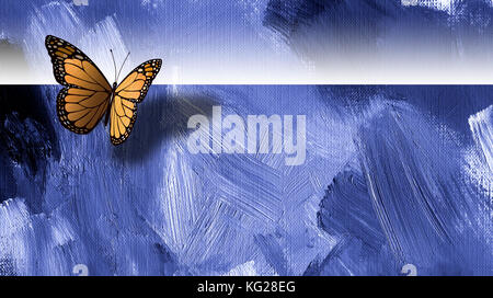 Grafik digitale Illustration von ikonischen Schmetterling mit Schattenwurf mit weiten, offenen Horizont. Konzeptkunst mit handbemalten Texturierte blauen Hintergrund. Stockfoto