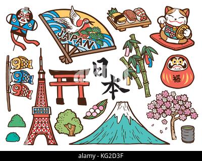 Schöne Japan symbol Sammlung, Hand gezeichneten Stil mit traditionellen Symbole auf weißem Hintergrund, Japan Land Name und Vermögen in Japanisch auf Stock Vektor