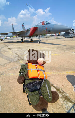 Teddybären gekleidet wie ein Pilot vor einem US Air Force F-15C Eagle Stockfoto