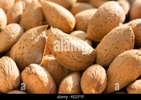 Gruppe von rohen Mandeln, Hintergrund. Hauptbestandteil für Nougat sizilianischen Stockfoto