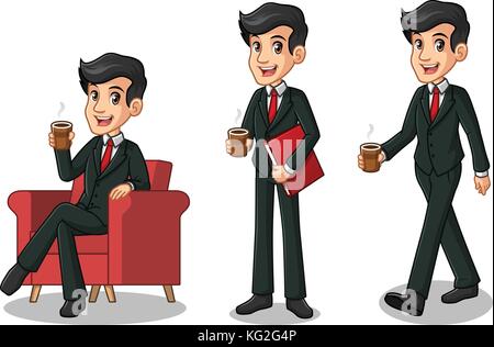 Der Geschäftsmann, der in schwarzen Anzug Cartoon Character Design machen eine Pause Entspannung mit der Holding bei Kaffee Tee, gegen Weiße isoliert. Stock Vektor