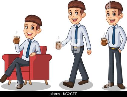 Der Geschäftsmann in shirt Cartoon Character Design machen eine Pause Entspannung mit der Holding bei Kaffee Tee, vor weißem Hintergrund. Stock Vektor