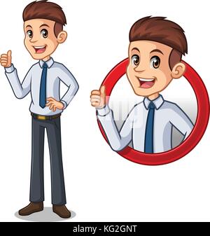 Der Geschäftsmann in shirt Cartoon Character Design, im Kreis logo Konzept mit dem zeigen wie, okay, guter Job, zufriedene Zeichen Geste. Stock Vektor
