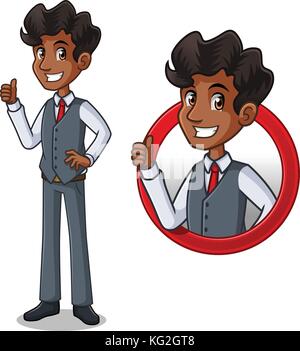 Der Geschäftsmann in Weste Cartoon Character Design, im Kreis logo Konzept mit dem zeigen wie, okay, guter Job, zufriedene Zeichen Geste. Stock Vektor