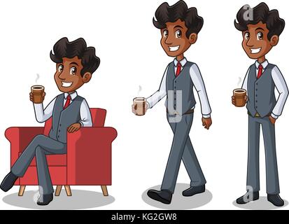 Der Geschäftsmann in Weste Cartoon Character Design machen eine Pause Entspannung mit der Holding bei Kaffee Tee, vor weißem Hintergrund. Stock Vektor