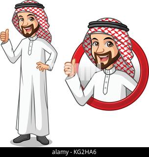 Der Geschäftsmann saudi-arabischer Mann Cartoon Character Design, im Kreis logo Konzept mit dem zeigen wie, okay, guter Job, zufriedene Zeichen Geste. Stock Vektor