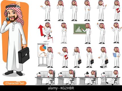 Der Geschäftsmann saudi-arabischer Mann Cartoon Character Design mit unterschiedlichen Posen vor weißem Hintergrund. Stock Vektor