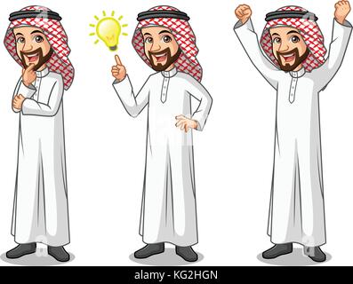 Der Geschäftsmann saudi-arabischer Mann Cartoon Character Design tolle Idee inspiration Glühbirne, denken durchdachte Geste, und feiern den Sieg Stock Vektor