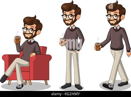 Der Hipster Geschäftsmann Cartoon Character Design machen eine Pause Entspannung mit der Holding bei Kaffee Tee, vor weißem Hintergrund. Stock Vektor