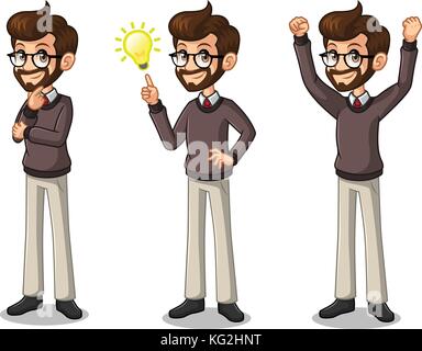 Der Hipster Geschäftsmann Cartoon Character Design tolle Idee inspiration Glühbirne, denken durchdachte Geste, und feiern den Sieg. Stock Vektor
