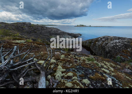 Schwere nördlichen Sommer am Ladoga See Schären. Die felsigen Ufer wird durch weißen Flechten bedeckt, bräunlich, Moos und Grün und Kupfer farbiges Gras. De Stockfoto