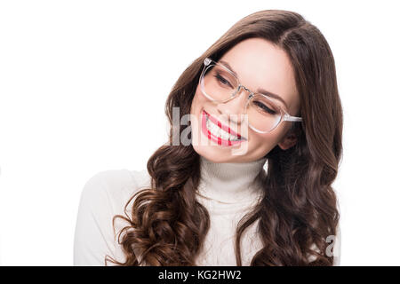 Fröhliche Frau in Kunststoff Gläser Stockfoto