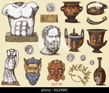 Das antike Griechenland, antike Symbole Sokrates Kopf, Lorbeerkranz, Athena Statue und Satyr Gesicht mit Münzen, Amphoren, Vase, heracles Vintage, graviert Hand in Skizze oder Holz schneiden Stil gezeichnet, alt. Stock Vektor