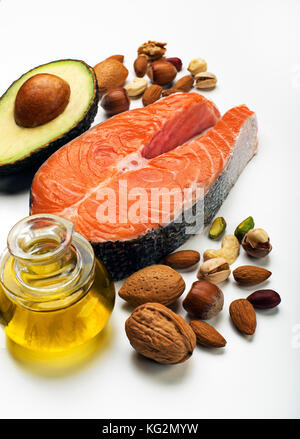 Gemischte frische gesunde Fette mit Lachs Fisch - Gesundheit Konzept Stockfoto