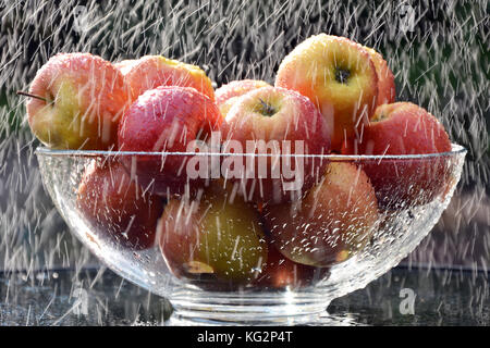 Reife rote und gelbe Äpfel in einer Glasschale mit Regen auf sie Stockfoto