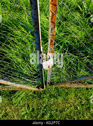 Alten verrosteten Tore tigtly in der schönen Außenanlage Umgebung gesperrt Stockfoto