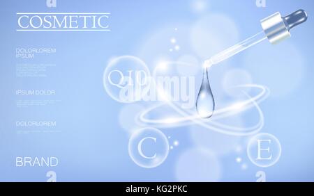 Realistische 3D-kosmetischen ad Vorlage. Hellblau transparent Glas Essenz pipette Öl Vitamin bubble Serum Gesichtspflege. Werbe Poster Vorlage flüssiges Wasser tropfen Vector Illustration Stock Vektor