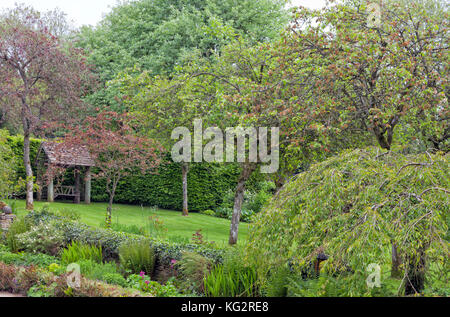 Englischer Garten mit geschützten Holzbank, Bäumen und Pflanzen, an einem Sommertag. Stockfoto