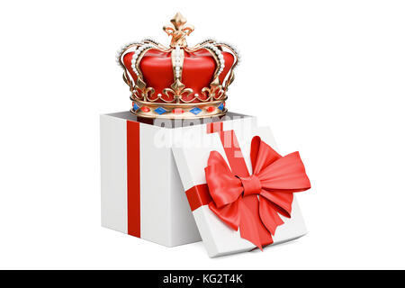 Geschenkbox mit Golden Royal Crown, 3D-Rendering auf weißem Hintergrund Stockfoto