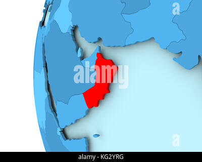 3D-Rendering von Oman in Rot auf blauem politischen Globus. 3D-Abbildung. Stockfoto