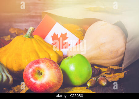 Happy Thanksgiving Day in Kanada. Gemüse, Kürbis, Zucchini, Äpfel, Ahorn und Eiche Blätter, Eicheln auf einer hölzernen Hintergrund. Ernte und Gelb Herbst Stockfoto