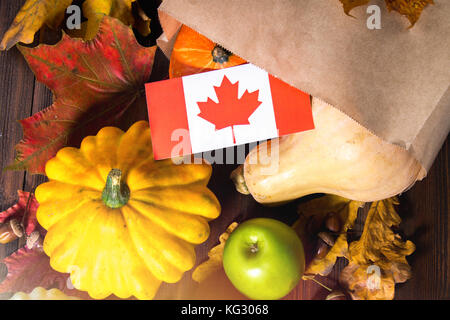 Happy Thanksgiving Day in Kanada. Gemüse, Kürbis, Zucchini, Äpfel, Ahorn und Eiche Blätter, Eicheln auf einer hölzernen Hintergrund. Ernte und Gelb Herbst Stockfoto