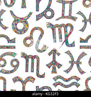 Sternzeichen nahtlose Muster. Horoskop magische Symbole bunten Hintergrund. Hand gezeichnet astrologische Vektor Textur für Tapeten, Verpackung, Textil de Stock Vektor
