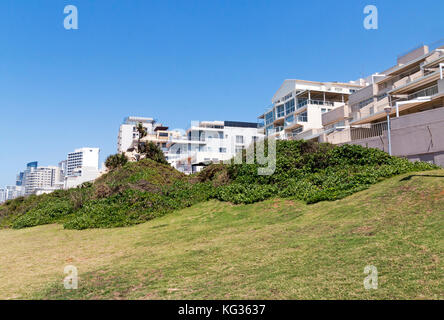 Küstenlandschaft von grünen Dünenvegetation und Rasen gegen die Gewerbe- und Wohnbauten und blauer Himmel in Umhlanga in der Nähe von Durban in Südafrika Stockfoto