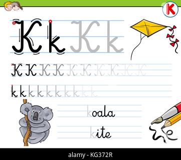 Schwarze und weiße Cartoon Illustration der Schreiben Fähigkeiten üben mit dem Buchstaben k Arbeitsblatt für Vorschul- und Grundschulalter Kinder buch Färbung Stock Vektor
