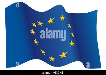 Flagge der Europäischen Union winken, zwölf gelben Sternen auf blauem Hintergrund. Stockfoto
