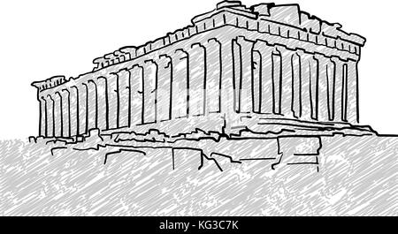 Athen, Griechenland der berühmte Tempel Skizze. Lineart Zeichnung von Hand. Grußkarte Design, Vektor, Abbildung Stock Vektor