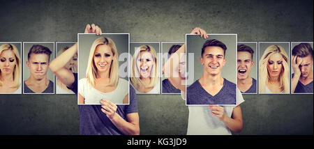 Ausgewogenes Verhältnis Konzept. maskierter Mann und Frau zum Ausdruck bringen verschiedene Emotionen den Austausch von Gesichtern Stockfoto