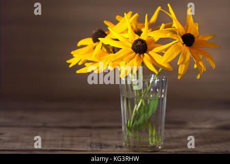 Gelbe Blumen einer gerbera im Glas. Ein Bouquet von drei Blumen in einem Glas transparent dicke Glas Tumbler auf einem Holztisch. Nahaufnahme, selektive Stockfoto