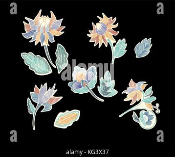Satz von floralen Muster mit Phantasie Blumen isoliert. Line Art. Vector Illustration Hand gezeichnet. Stickerei Design Elemente - Blumen, Blätter. Stock Vektor