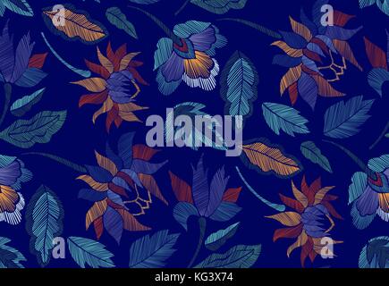 Florale nahtlose Hintergrundmuster mit Phantasie Blumen und Blätter line Art. Stickerei Blumen. Vector Illustration. Stock Vektor