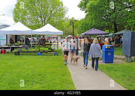 Hamilton, New York - 27. Mai 2017: Verkäufer und Käufer auf der lokalen, der Samstag Bauernmarkt in das Dorf in der Nähe von Hamilton Colgate University in USV Stockfoto